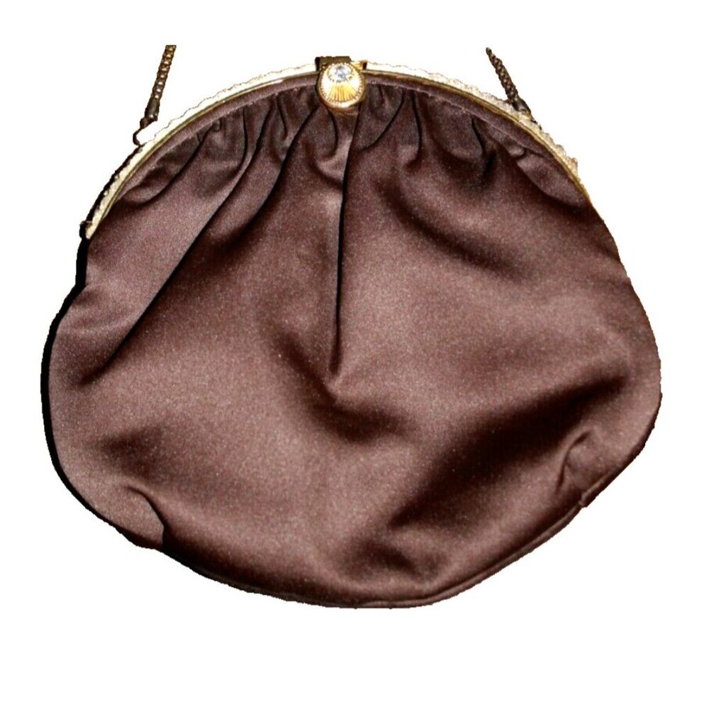 Walbaeg Rhinestone Beaded Purse Small Chocolate Brown W/ Chain Strap Satin Lined